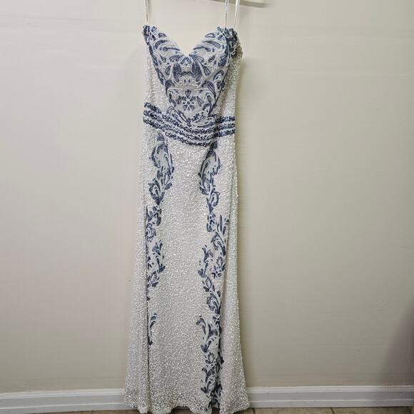 Scala White Blue Sequin Maxi Gown Size 12 Beaded Evening Formal Dress Elegant - Picture 2 of 11